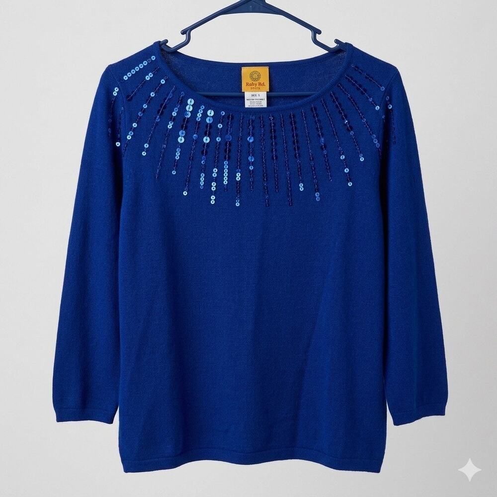 Ruby Rd Womens Size L Blue Sweater Top Sequin Neckline 3/4 Sleeve Rayon Blend